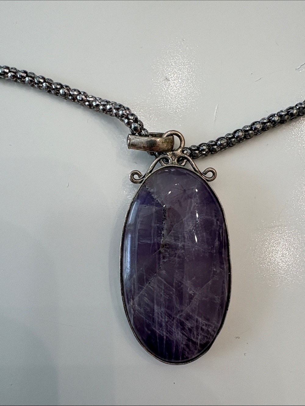 Silver Tone Amethyst Oval Pendant Necklace - Purple Statement Jewelry